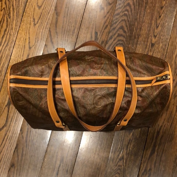 METRO MILANO Paisley Coated Canvas Vachetta Leather Boston Weekend Shoulder Bag - Picture 6 of 17